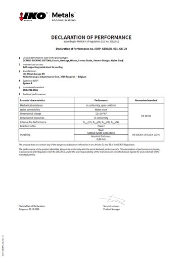 Declaration of Performance: Classic, Heritage, Milano, Corona Shake, Senator Shingle, Alpine Slate
